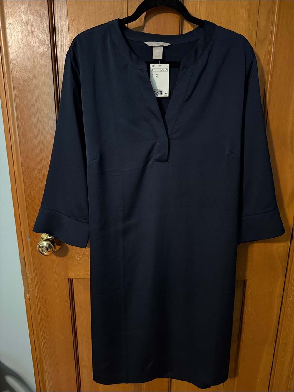 H&M Navy Midi Shift Dress with Notch V-Neck